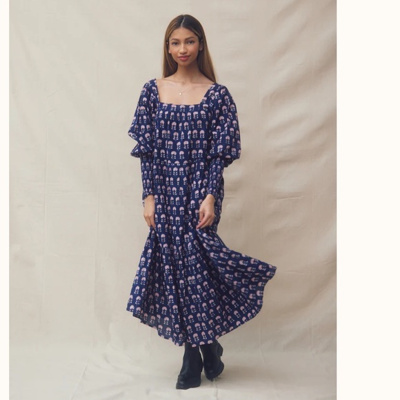 NWT Ophelia & Indigo Lulu Dress Navy Hydrangea Block Print - Picture 2 of 9